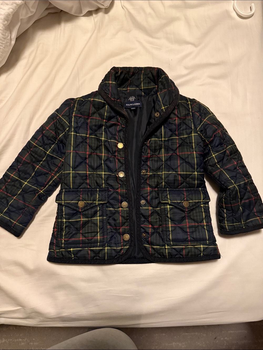 Polo by Ralph Lauren Black Quilted Plaid Puffer Jacket with Multicolor Trim